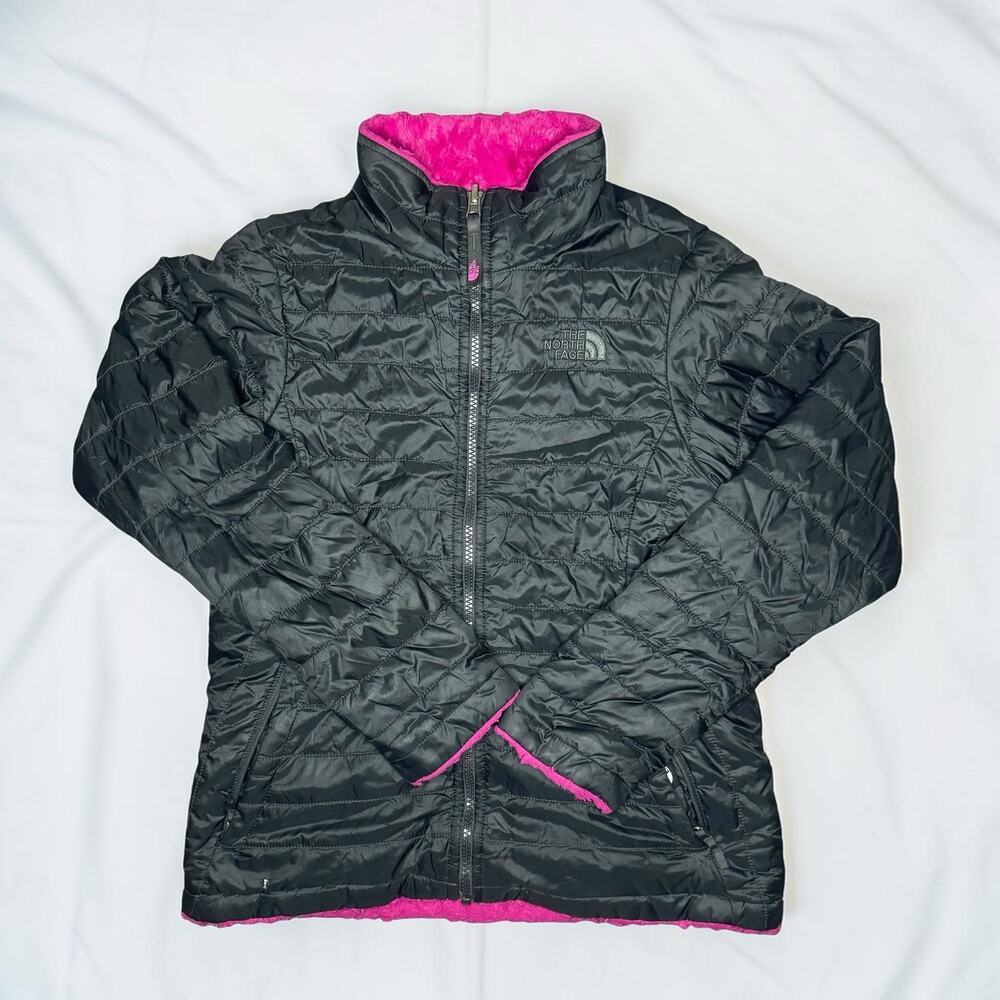 The North Face Girls Reversible Mossbud Swirl Jacket L 14/16 Black Pink Full Zip